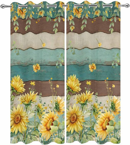 Sunflowers Outdoor Curtains for Patio Summer Floral Eucalyptus Leaves Vintage Wood Waterproof Outside Curtains with Grommet Top Weatherproof Curtain for Cabana Pergola Gazebo, 2 Pack, 54" W x 84" L