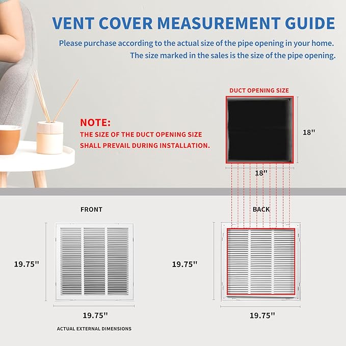 18 x18 Vent Cover [Duct Opening Size],Return Air Vent Cover for Wall Or Ceiling,Steel Return Air Filter Grilles Removable Face/Door for 1 Inch Filters(18"W x 18"H [Duct Opening])