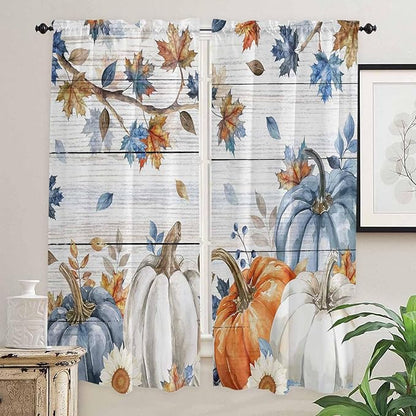 Thanksgiving Pumpkin Window Curtains 72 Inch Long 2 Panel Set,Rod Pocket Long Curtains & Drapes,Fall Maple Leaf Daisy Wooden Grain Light Filtering Window Treatment for Bedroom Living Room 52"W x 72"L