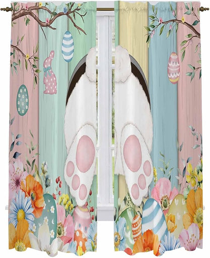 Easter Window Curtains 72 Inch Long 2 Panel Set, Rod Pocket Long Curtains & Drapes, Spring Colorful Bunny Eggs Flower Wood Grain Light Filtering Window Treatment for Bedroom Living Room 52"W x 72"L