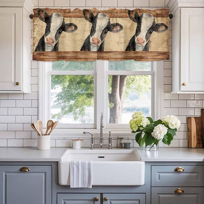 Farmhouse Cow Curtain Valances for Windows, Kitchen Valance Window Treatment, Country Vintage Animals Wooden Grain Light Filtering Block Curtains for Bathroom/Bedroom/Living Room 54'' x 18''