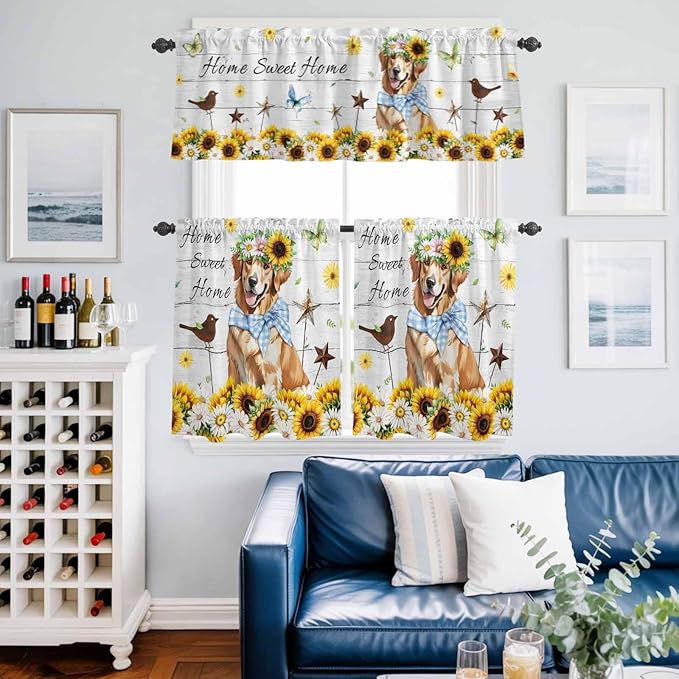Kitchen Curtains Tiers and Valance Set of 3, Sunflowers Dog Light Filtering Window Curtain Set, Spring Watercolor Floral Stars Wood Grain Rod Pocket Curtain Drapes for Living Room, 36 Inches Tiers