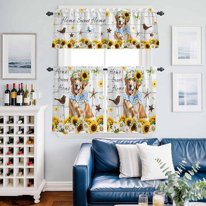 Kitchen Curtains Tiers and Valance Set of 3, Sunflowers Dog Light Filtering Window Curtain Set, Spring Watercolor Floral Stars Wood Grain Rod Pocket Curtain Drapes for Living Room, 36 Inches Tiers