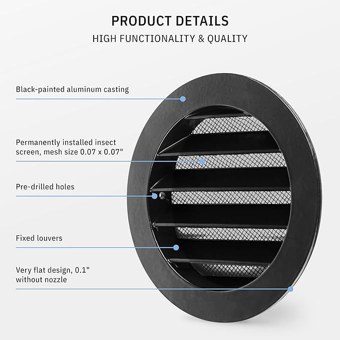 calimaero® WSGB Soffit Vents 4 inch Black Round Grille Vent Cover - Soffit Air Vent with Built-in Insect Screen Mesh Fits Only with Metal Ducts