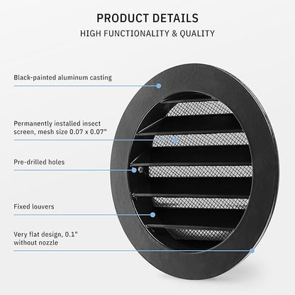 calimaero® WSGB Soffit Vents 4 inch Black Round Grille Vent Cover - Soffit Air Vent with Built-in Insect Screen Mesh Fits Only with Metal Ducts