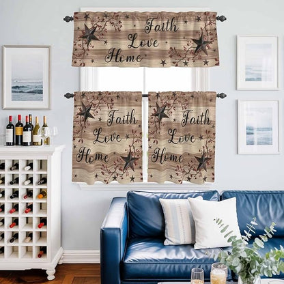 Kitchen Curtains Tiers and Valance Set of 3, Farmhouse Star Brown Light Filtering Window Curtain Set, Retro Branches Berry Wooden Grain Rod Pocket Curtain Drapes for Cafe, Living Room, 36 Inches Tiers