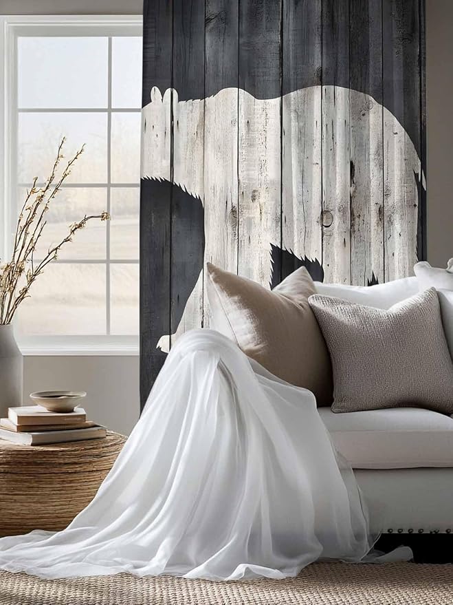 Sheer Curtains 63 Inch Length, White Brown Bear Semi Sheer Curtains Light Filtering Window Treatment, Rustic Counrty Vintage Wood Grain Privacy Voile Drapes for Living Room Bedroom 52x63 Inch