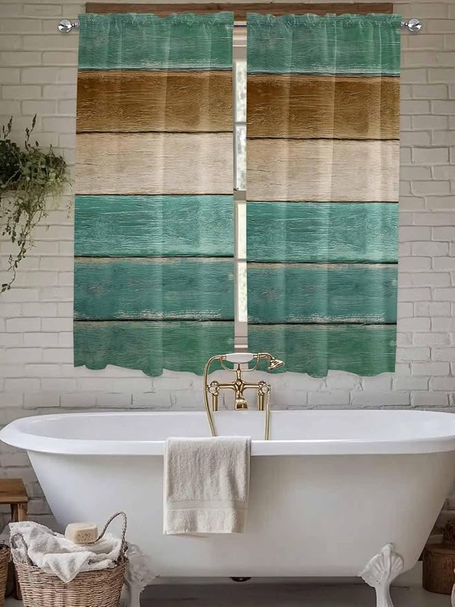 Vintage Plank Turquoise Brown Window Valance Curtains, Farmhouse Wood Grain Light Filtering Kitchen Valance with 3-inch Rod Pocket for Living Room Bathroom Bedroom,2 Panel,52x72In