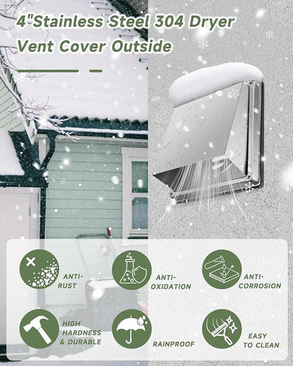 Upgraded 4" Stainless Steel 304 Dryer Vent Cover Outdoor - Rubber Cushioned Non-Return Flap (Noise Reduction) Air Vent with Built-in Fly Screen & 6 Screws for Bathroom Exhaust Vent Office Home