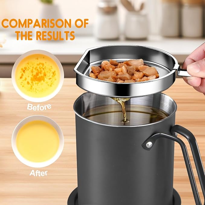 Chihee Grease Container Stainless Steel Bacon Grease Saver with Fine Mesh Strainer 2L / 67.6 fl oz Oil Container Grease Can with Dust-proof Lid Non-slip Tray for Kitchen Storing Frying Cooking Grease
