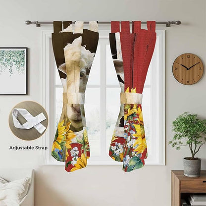 Sheep Flowers Living Room Curtains 84 Inch Length, Window Curtains Tab Top, Country Red Barn Botanical Sunflowers Light Filtering Window Treatments Drapes 42"x84" 2 Panel