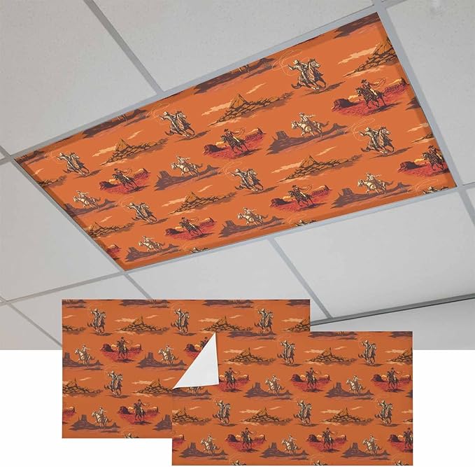 Cowboys Horses 2 Pcs Fluorescent Light Covers 4 x 2 Feet, Desert Ethnic Winds Orange Background Covers for Ceiling Lights Magnetic Light Cloth Filter for Classroom Office Home