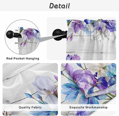 Spring Flowers Tier Curtains, Watercolor Garden Florals Wooden Grain Light Filtering Kitchen Curtains, 2Pcs Rod Pocket Half Window Treatments Panels for Sink Cafe Cabinet Camper 27.5x36 Inches