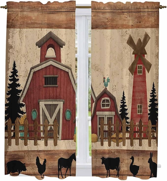 Brown Farmhouse Kitchen Curtains, Vintage Country Animals Wooden Grain Light Filtering Window Curtain Panels, 2Pcs Rod Pocket Window Treatments Set for Living Room Bathroom Bedroom 42x63 Inches