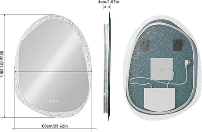 LUVODI Lighted LED Bathroom Mirror: 32”x24”Irregular Stone Pattern Frosted Wall Vanity Mirror with Bright Back Lit - Smart Dimmable Mirror Anti Fog with Touch Switch for Restroom Bedroom Living Room