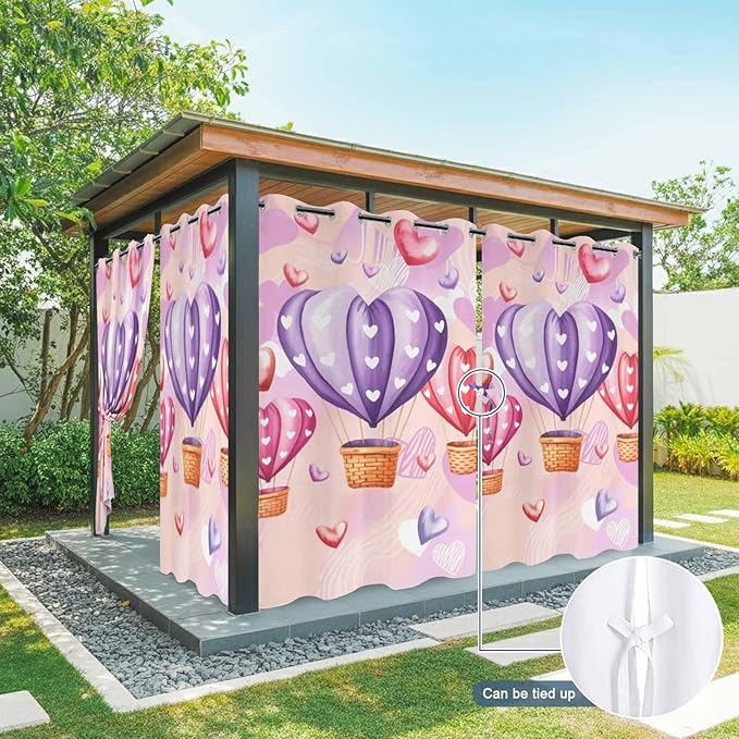 Hot Air Balloons Waterproof Outdoor Curtains for Patio,Windproof Weatherproof Curtains with Weighted Hem,Valentine's Day Watercolor Love Balloons Light Filtering Privacy Drapes 54"x 84" 2 Panels