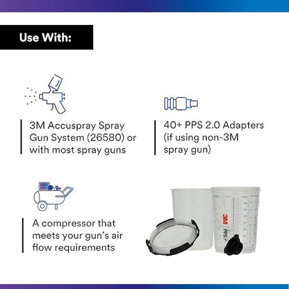 3M PPS 2.0 Spray Gun Cup, Lids and Liners Kit, 26112, Midi, 13.5 Ounces, 200-Micron Filter, Use for Cars, Furniture, House and More, 1 Paint Cup, 50 Disposable Lids and Liners, 32 Sealing Plugs