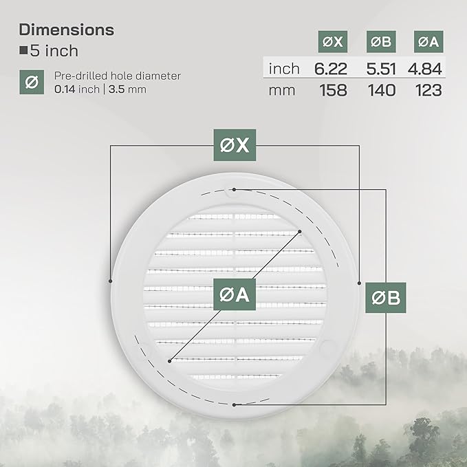 Vent Systems 5" Inch (Opening Dimensions) - Pack of 2 - White Soffit Vent Cover - Plastic Round Air Vent Grille - Built-in Mesh Screen - HVAC Register Louver for Bathroom, Home, Kitchen
