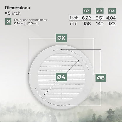 Vent Systems 5" Inch (Opening Dimensions) - Pack of 2 - White Soffit Vent Cover - Plastic Round Air Vent Grille - Built-in Mesh Screen - HVAC Register Louver for Bathroom, Home, Kitchen