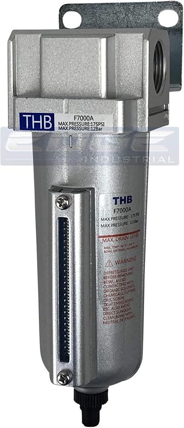 HEAVY DUTY INDUSTRIAL RATED HIGH FLOW PARTICULATE FILTER, IN-LINE WATER TRAP FOR COMPRESSED AIR LINE SYSTEMS, 5 MICRON WITH METAL BOWL AND AUTO DRAIN (3/4" NPT, 5oz)