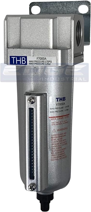 HEAVY DUTY INDUSTRIAL RATED HIGH FLOW PARTICULATE FILTER, IN-LINE WATER TRAP FOR COMPRESSED AIR LINE SYSTEMS, 5 MICRON WITH METAL BOWL AND AUTO DRAIN (1/2" NPT, 5oz)
