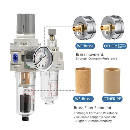 1/4" NPT Automatic Drain Compressed Air Filter Regulator Lubricator,Air Pressure Regulator with Oil/Water Separator (0-150 PSI),for Pneumatic Tools & Systems