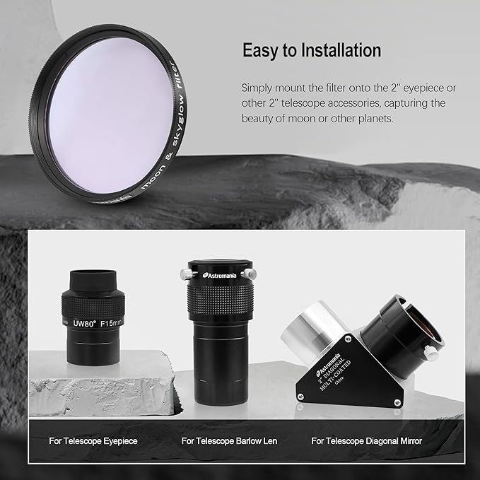 Astromania Telescope Moon Filter 2 Inch, Moon Skyglow Filter Reduces Moon Glare and Enhances Lunar Crater Details, Eyepiece Accessory for Astronomy Beginner, Works with Telescope Accepts 2" Eyepieces
