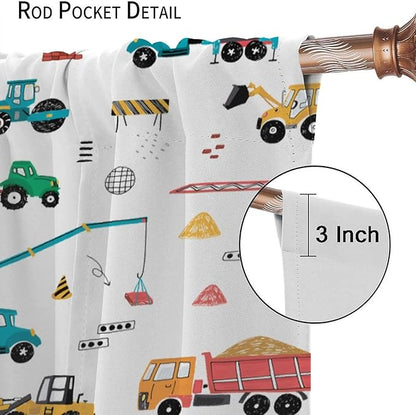 Construction Window Curtains, Kids Cartoon Construction Machines Building Hand Drawn Doodle Rod Pocket Decorative Windows Curtain for Children Teens Room Decor 72x63in (30% Blackout)