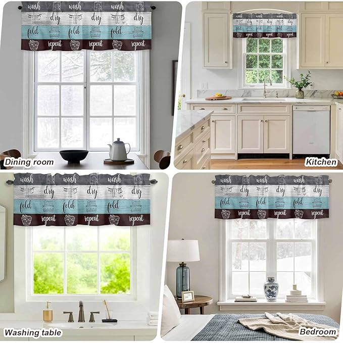 Laundry Rules Valances for Windows, Retro Blue White Wood Board Grain Kitchen Valance Light Filtering Rod Pocket Short Curtains for Kitchen Bathroom, 1 Panel, 56"x16"