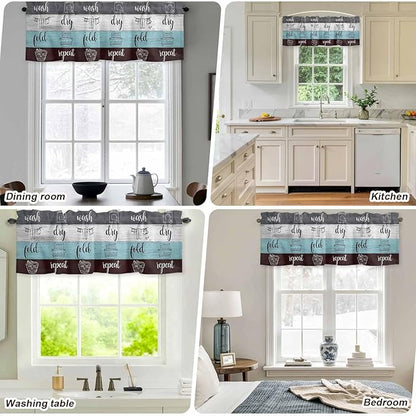 Laundry Rules Valances for Windows, Retro Blue White Wood Board Grain Kitchen Valance Light Filtering Rod Pocket Short Curtains for Kitchen Bathroom, 1 Panel, 42"x18"