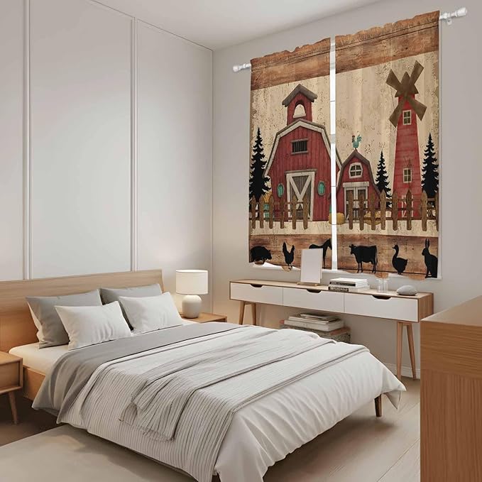 Brown Farmhouse Kitchen Curtains, Vintage Country Animals Wooden Grain Light Filtering Window Curtain Panels, 2Pcs Rod Pocket Window Treatments Set for Living Room Bathroom Bedroom 42x63 Inches