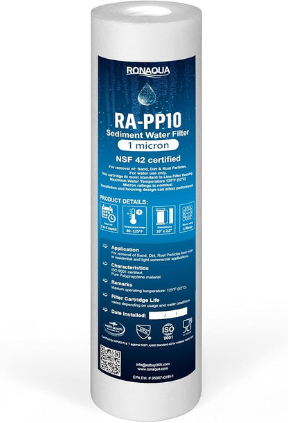 Ronaqua 1 Micron Sediment Water Filter Cartridge 10"x2.5", NSF Certified, 4-Layer Filtration for any 10-inch RO Units & Whole House Systems, Compatible with Culligan P5, AP110, WHKF-GD05