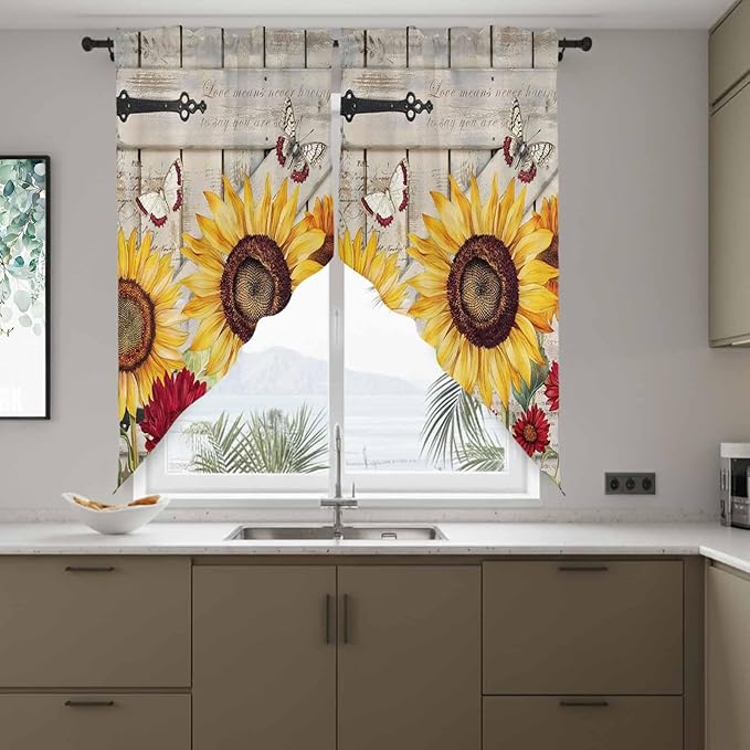 Red Yellow Sunflowers Swag Valances for Windows, Retro Rustic Barn Doors Butterfly Brown Rod Pocket Kitchen Curtains Valance, Small Window Curtains Swag for Cafe Living Room, 2 Panels, 28x36 inch