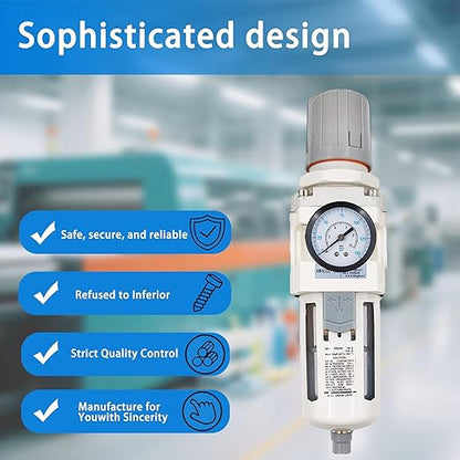 XingNEeng 1/2" NPT Compressed Air Filter Regulator Combo Piggyback, Water/Oil Trap Separator with Pressure Gauge(0-150 psi), Semi-Auto Drain, Poly Bowl, 5 Micron Brass Element, Metal Bracket