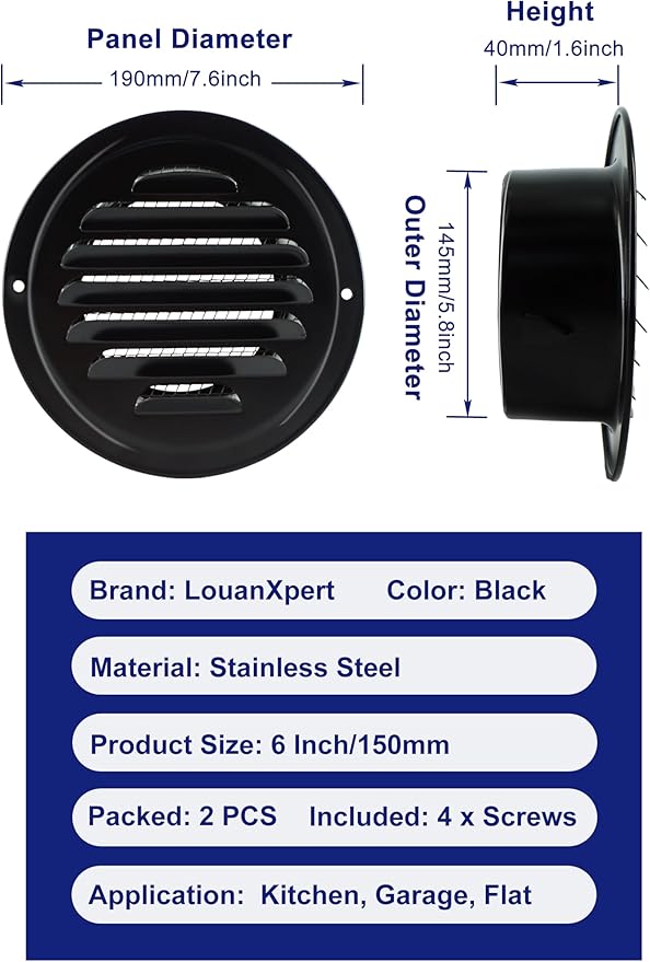 6 Inch Round Air Vent Cover,LouanXpert Stainless Steel Black Soffit Vent Cover Louvered Grille Wall Vent with Built-in Fine Mesh for Garage,House, Flat, Garage (150mm - 2PCS)