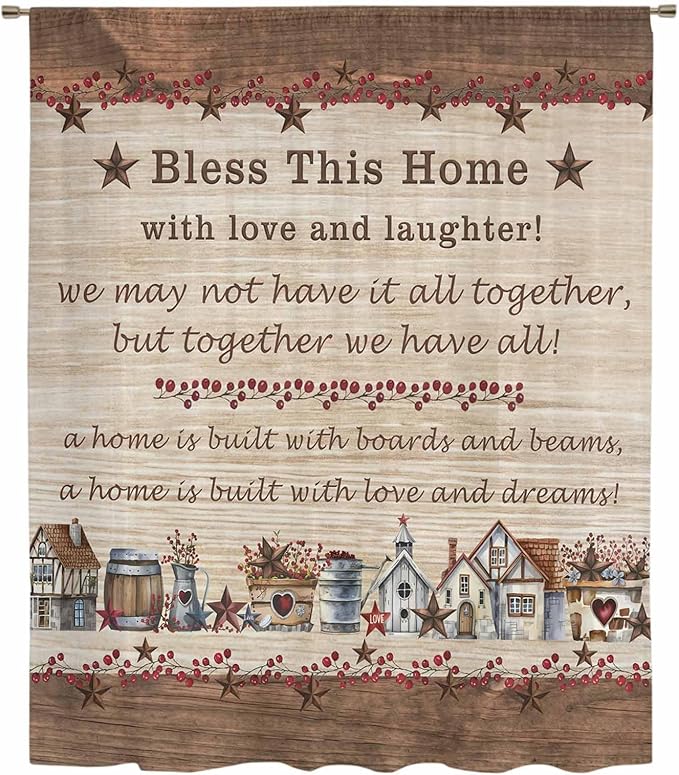 Farmhouse Sheer Curtains 54 Inch Length Brown Country Star Berry Vintage Wood Grain Chiffon Curtain for Bedroom Living Room Light Filtering Window Treatments Voile Curtains Drapes for Kitchen