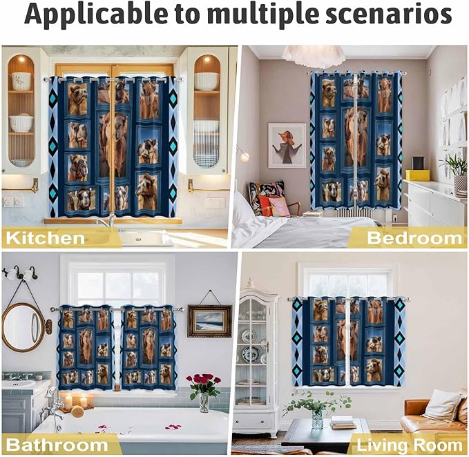 2 Panel Kitchen Cafe Curtains, Desert Camels Sunlight Filtering Nature Air Through, Home Decor Window Covering Tier Curtains for Living Room 104W x 90L inch Wildlife Brown Animals Blue Geometric