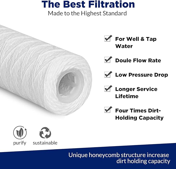 Membrane Solutions 20 Micron 10"x2.5" String Wound Whole House Water Filter Replacement Cartridge Universal Sediment Filters for Well Water - 6 Pack