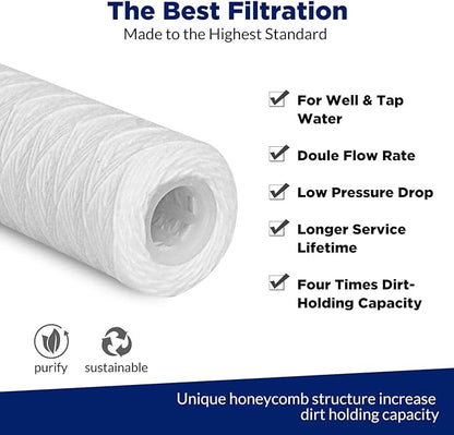 Membrane Solutions 20 Micron 10"x2.5" String Wound Whole House Water Filter Replacement Cartridge Universal Sediment Filters for Well Water - 6 Pack