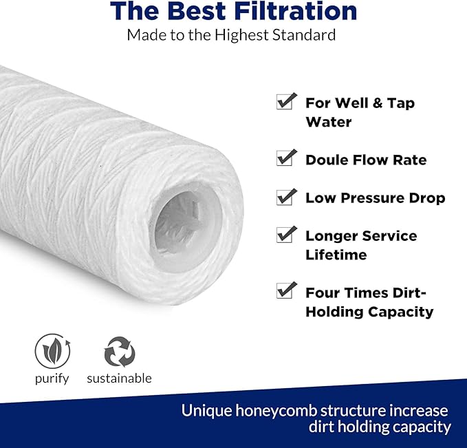 Membrane Solutions 50 Micron 10"x2.5" String Wound Whole House Water Filter Replacement Cartridge Universal Sediment Filters for Well Water - 6 Pack