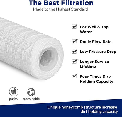 Membrane Solutions 50 Micron 10"x2.5" String Wound Whole House Water Filter Replacement Cartridge Universal Sediment Filters for Well Water - 6 Pack