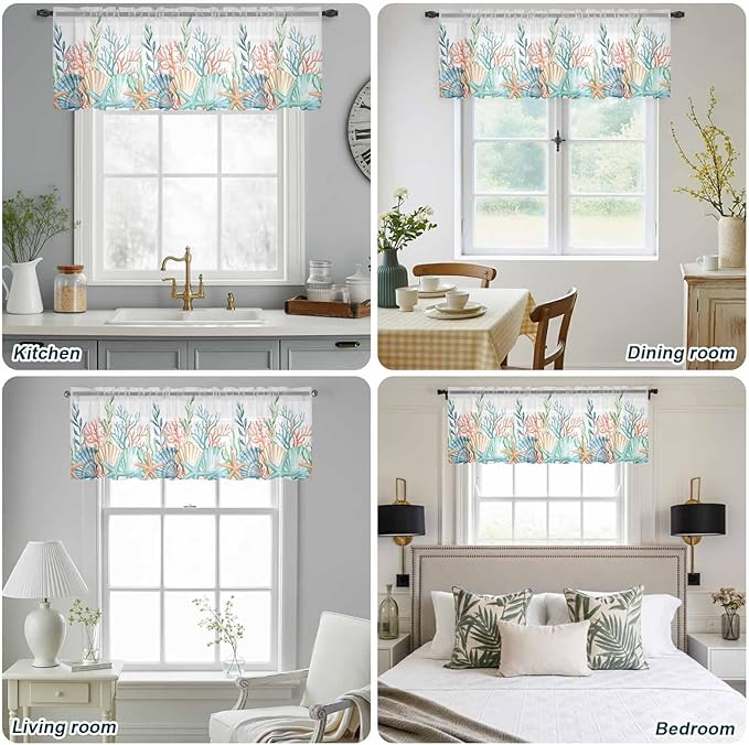 Summer Beach Sheer Valance Curtains, Ocean Colorful Coral Shell Seaweed Starfish Light Filtering Kitchen Valances Rod Pocket Voile Curtain Window Treatment for Bedroom/Living Room/Basement 60Wx18L