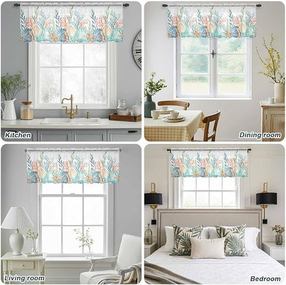 Summer Beach Sheer Valance Curtains, Ocean Colorful Coral Shell Seaweed Starfish Light Filtering Kitchen Valances Rod Pocket Voile Curtain Window Treatment for Bedroom/Living Room/Basement 60Wx18L