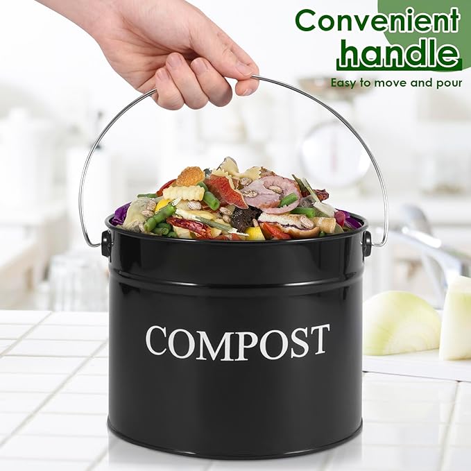Kitchen Compost Bin 0.8 Gallon Metal Countertop Compost Bin with Lid and Handle, Smell Resistant Indoor Waste Bucket for Food Waste(Black,1)