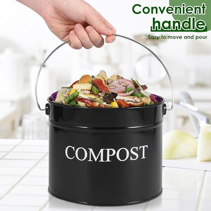 Kitchen Compost Bin 0.8 Gallon Metal Countertop Compost Bin with Lid and Handle, Smell Resistant Indoor Waste Bucket for Food Waste(Black,1)