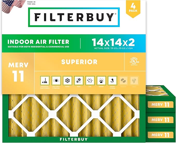 Filterbuy 14x14x2 Air Filter MERV 11 Superior Pet & Allergy Defense (4-Pack), Electrostatic Pleated HVAC AC Furnace Filters Replacement, Made in USA (Actual Size: 13.50 x 13.50 x 1.75)