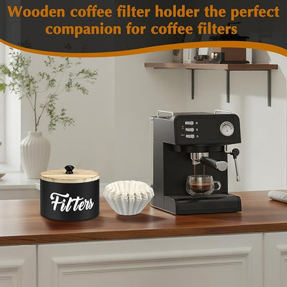Wooden Coffee Filter Holder with Lid, Basket Coffee Filter Storage Container for Counter, Rustic Farmhouse Café Bar Decor, 50 Count Capacity (Black)
