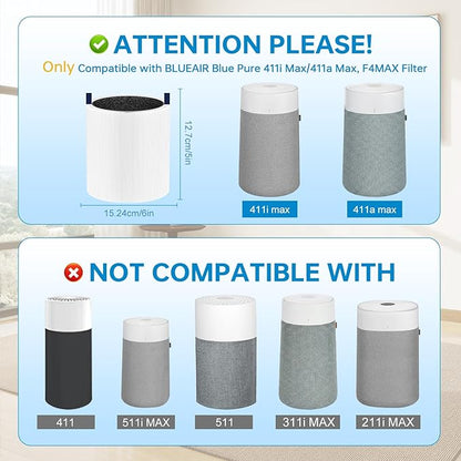 Blue Pure 411i/411a Max Replacement Filter Compatible with 411i/411a Max Smart Machine, Efficient Particle Dust Dander Filter&Odor Smoke Activated Carbon Filter for Home, Blue Pure F4MAX, 2 Pack