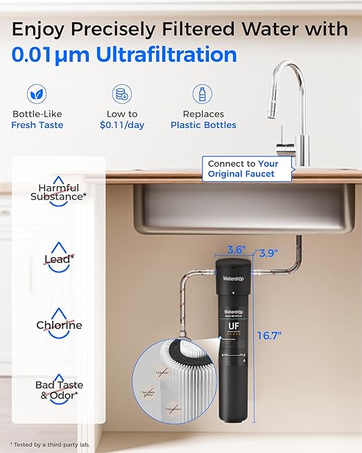 Waterdrop 15UA-UF 0.01 μm Ultra Filtration Under Sink Water Filter System, 2 Years, Reduces Lead, Chlorine, Bad Taste & Odor, Direct Connect to Kitchen Faucet, USA Tech