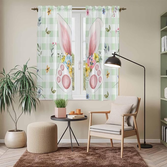 Easter Window Curtains 63 Inch Long 2 Panel Set, Rod Pocket Bedroom Curtains & Drapes, Spring Bunny Ears Feet Flowers Green Plaid Light Filtering Window Treatment for Living Room 42"W x 63"L